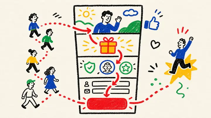 Başlık, teklif, kanıt, form ve çağrı bloklarının tek dönüşüm hedefine yöneldiği landing page akışı
