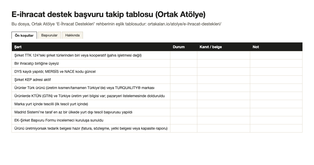 E-ihracat destek başvuru takip tablosu şablonunun ilk sayfası