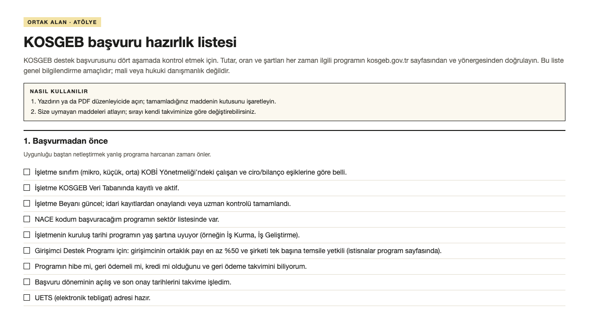 KOSGEB başvuru hazırlık listesi şablonunun ilk bölümü