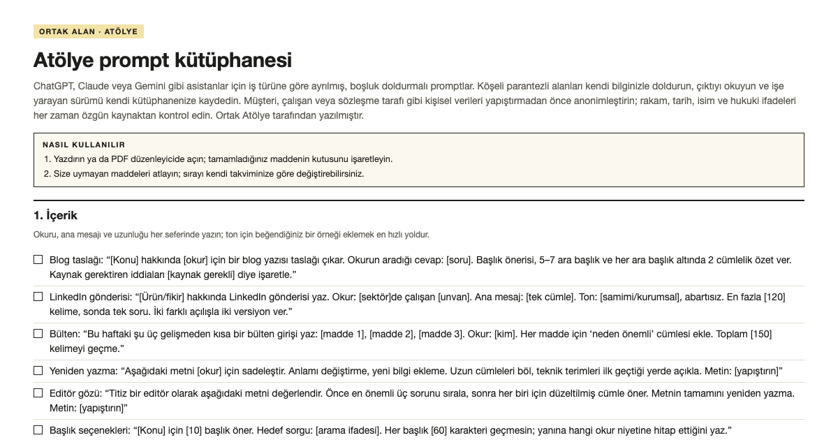 Atölye prompt kütüphanesi şablonunun ilk bölümü