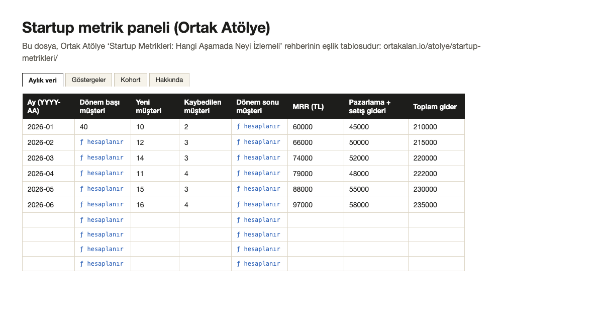 Startup metrik paneli şablonunun ilk sayfası
