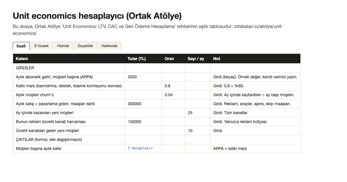 Unit economics hesaplayıcı şablonunun ilk sayfası